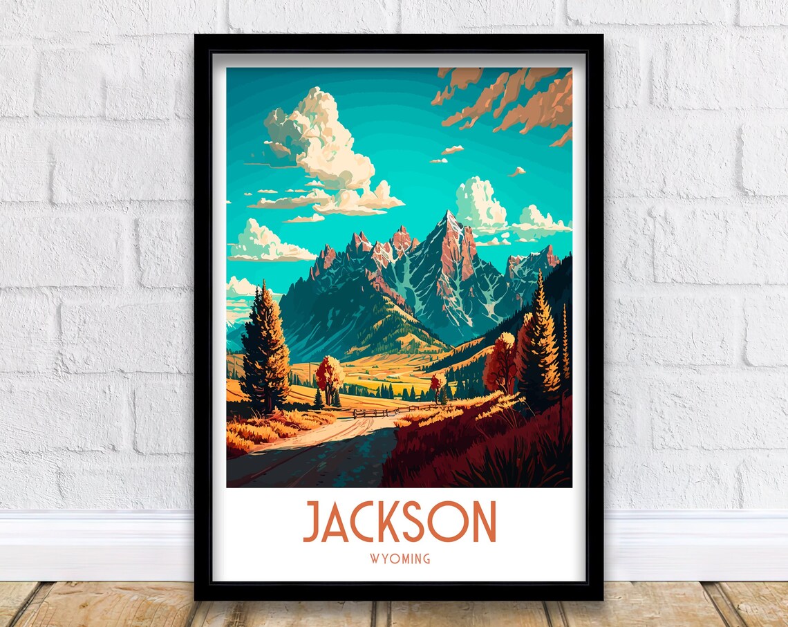 Jackson Wyoming Grand Teton Peaks Autumn Ranch Road Travel Poster
