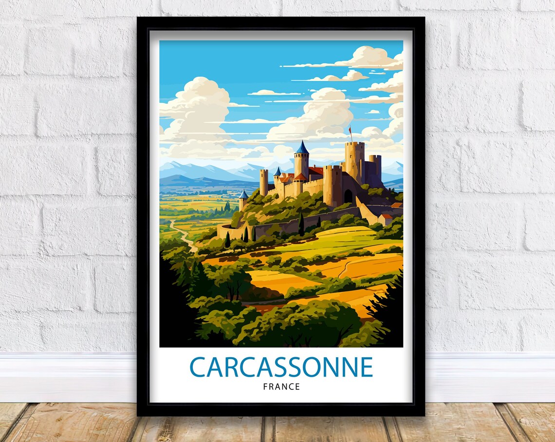 Carcassonne France Medieval Fortress Castle Hill Travel Poster