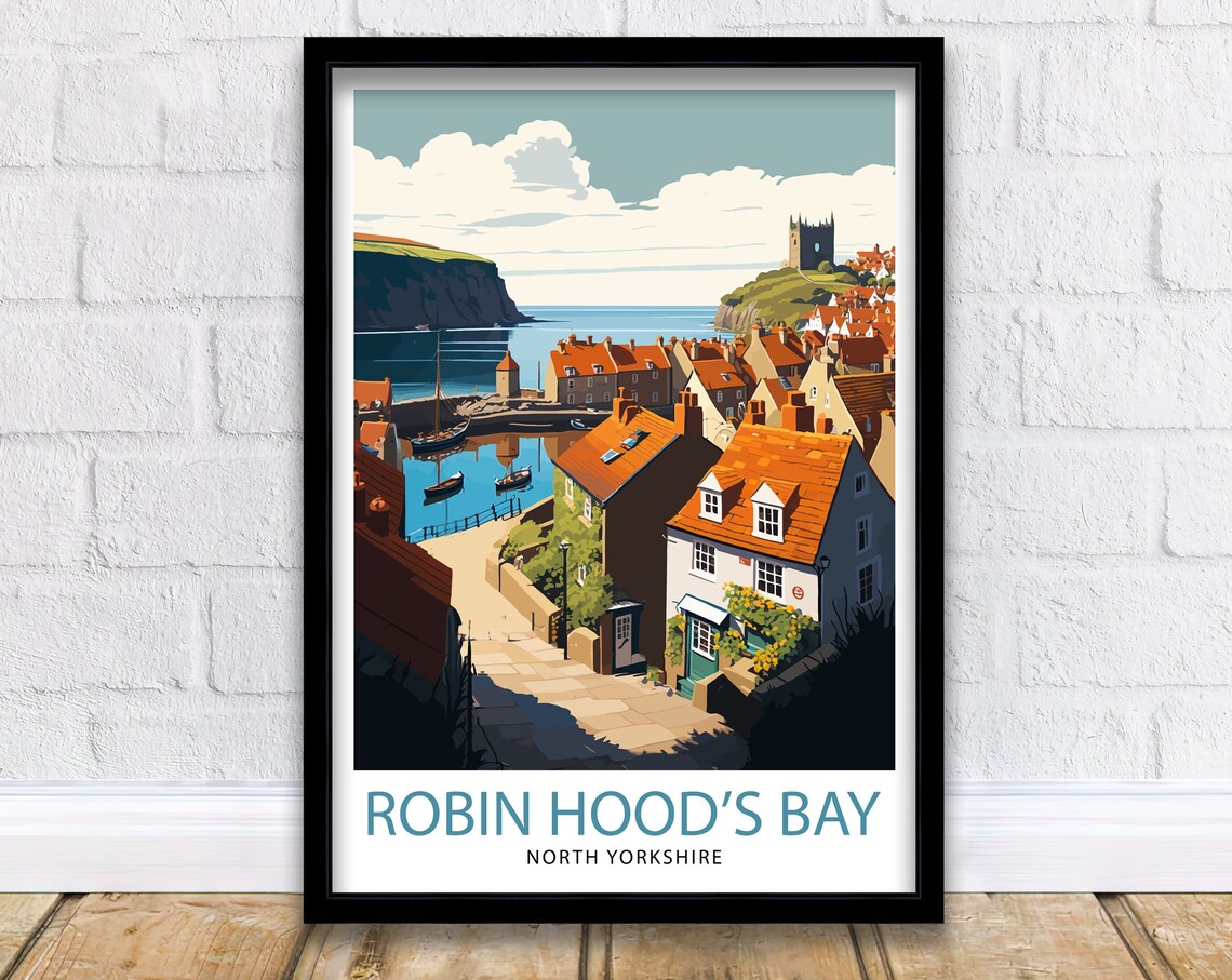 Robin Hoods Bay Yorkshire Travel Poster, Coastal Town