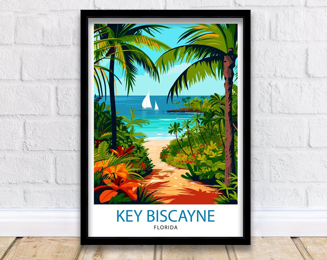 Key Biscayne Florida Tropical Trail Palms Sailboat Bay Travel Poster