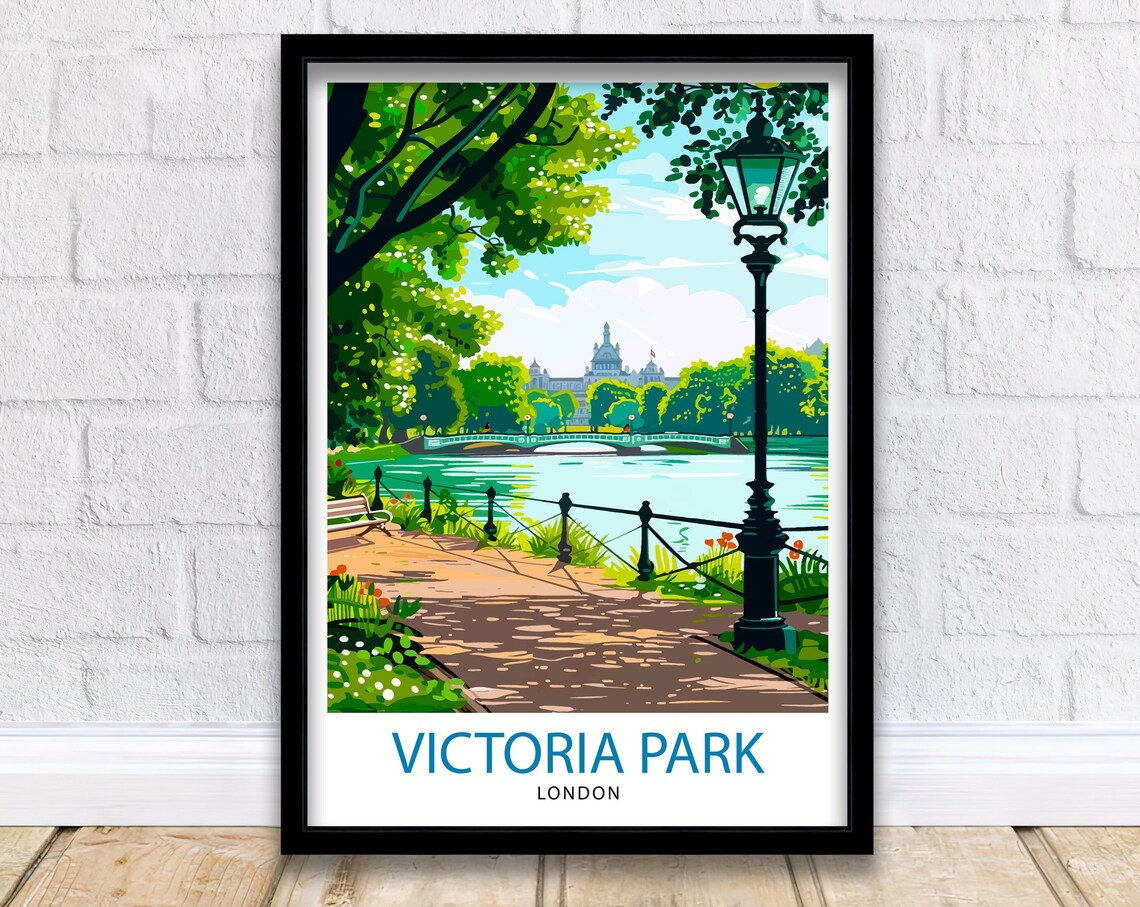 Victoria Park London Bridge Lake Lamp Post Vintage Travel Poster