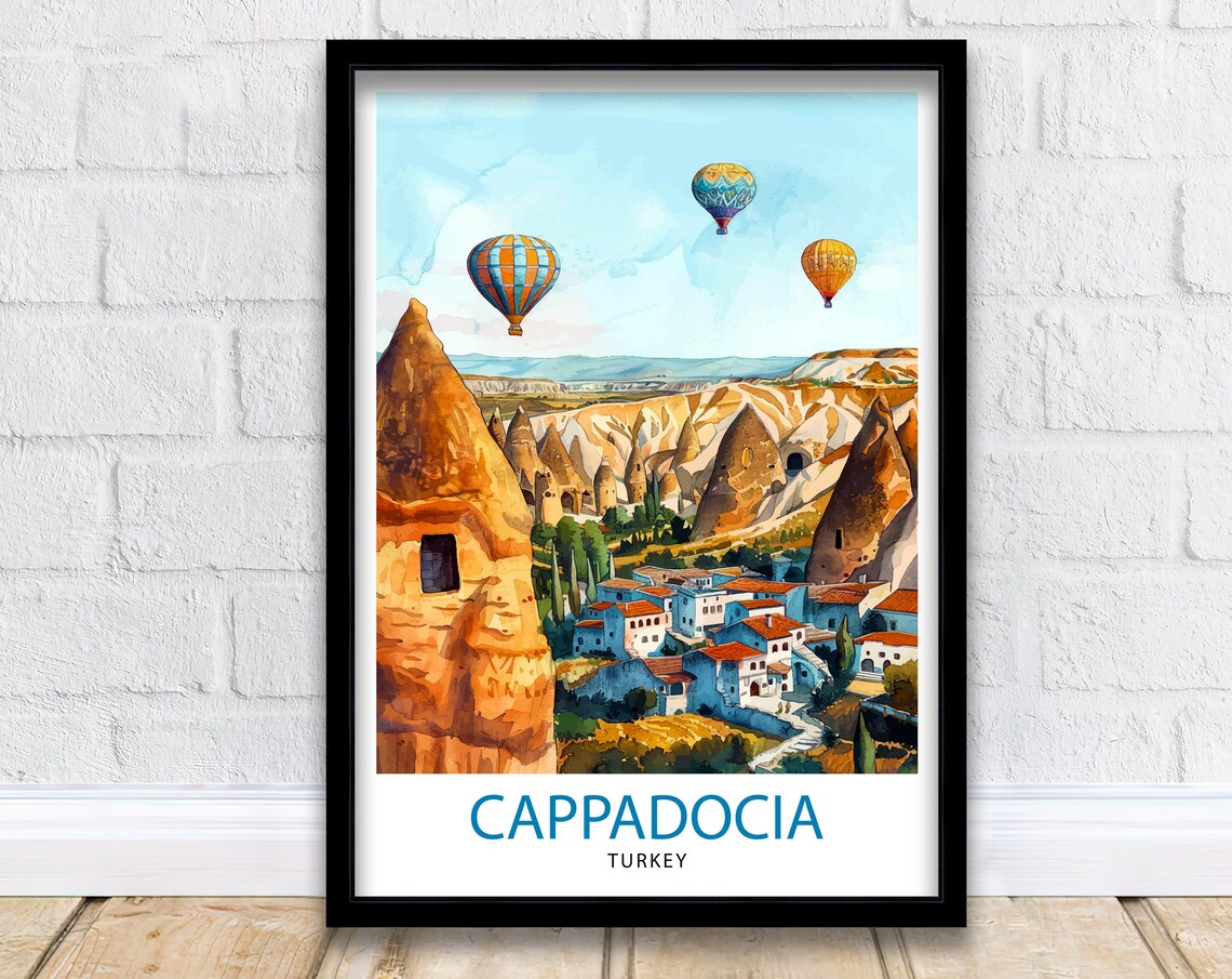 Cappadocia Turkey Travel Poster Hot Air Balloons Fairy Chimneys Art