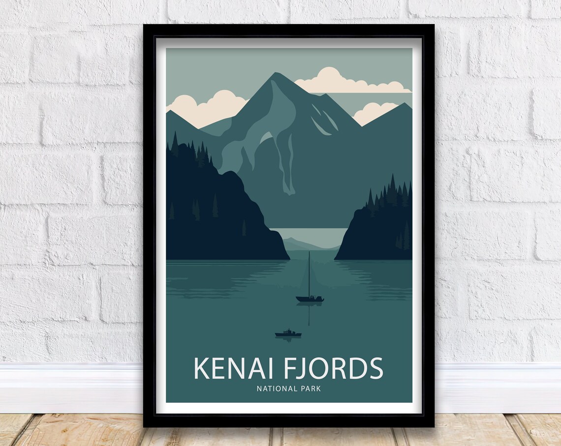 Kenai Fjords National Park Alaska Boats Teal Mountains Poster