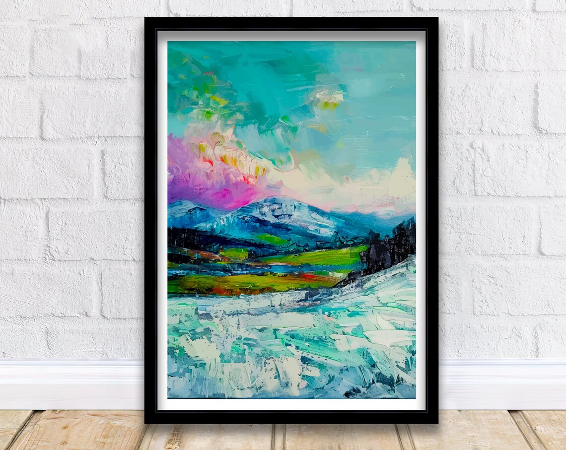 Abstract Mountain Landscape Turquoise Pink Modern Gallery Art Print