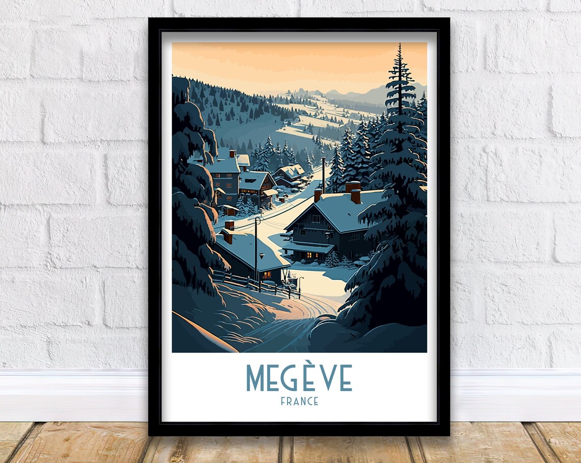 Megeve France Alpine Ski Village Snowfall Vintage Travel Poster