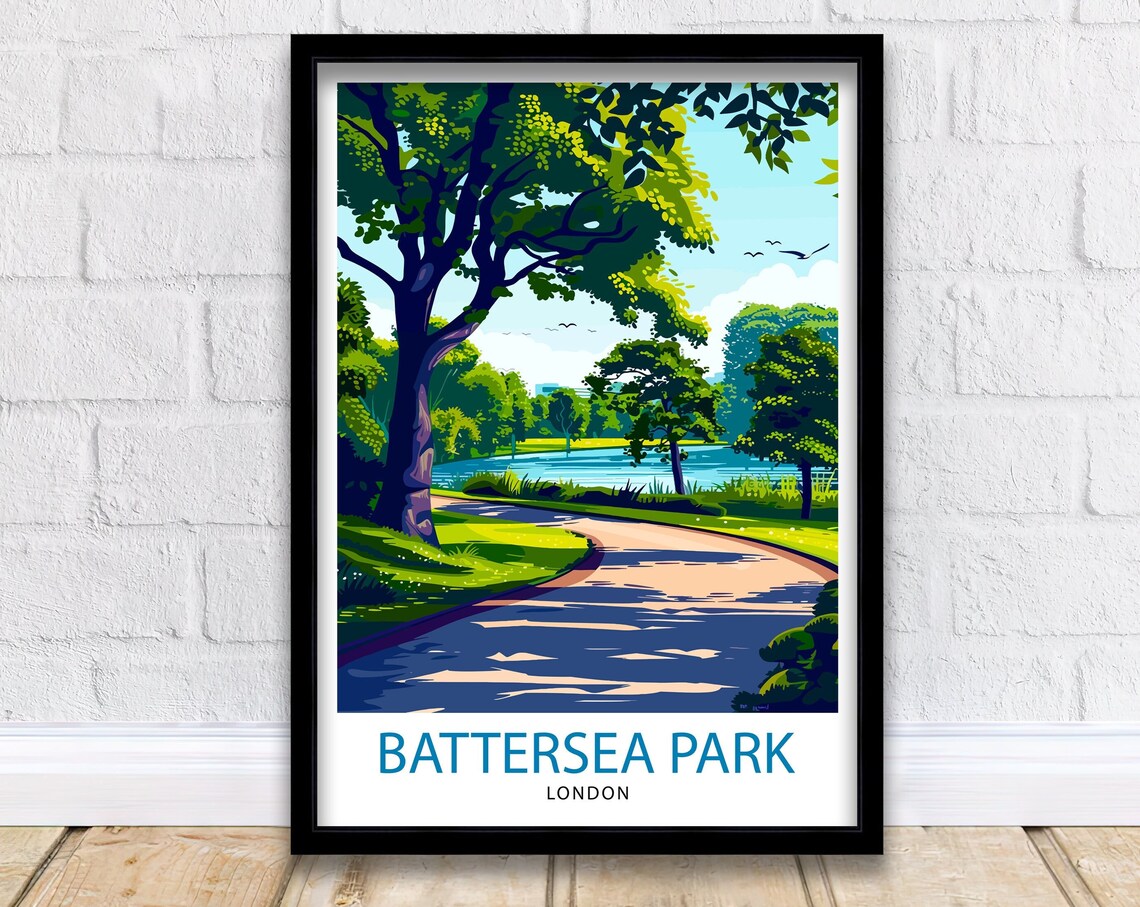 Battersea Park London Green Park Path Pond Vintage Travel Poster