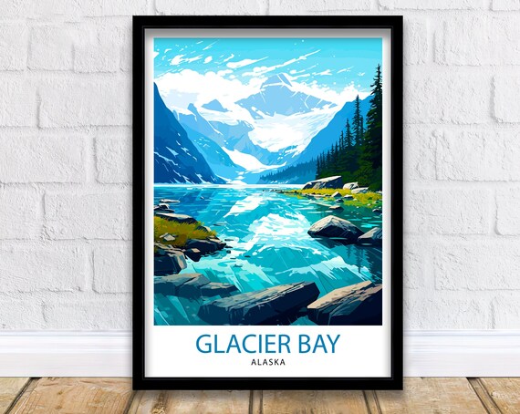 Glacier Bay Alaska Bold Illustration Turquoise Lake Glacier Peaks Poster