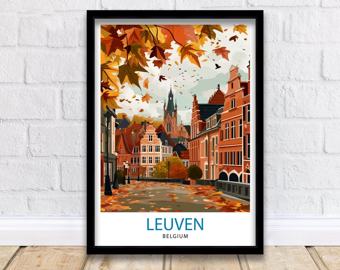 Leuven Belgium Autumn Street Brick Gables Falling Leaves Poster