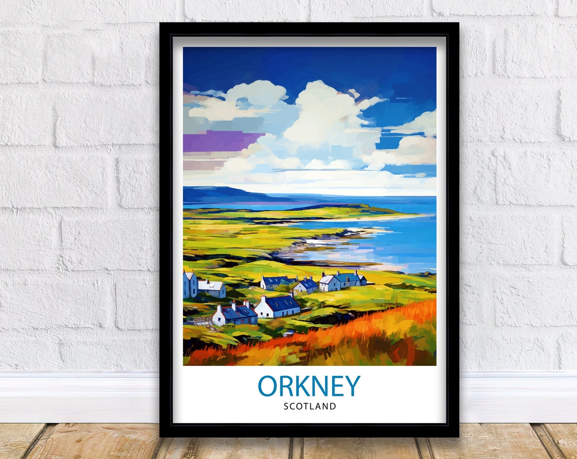 Orkney Scotland Coastal Cottages Landscape Travel Poster Artwork