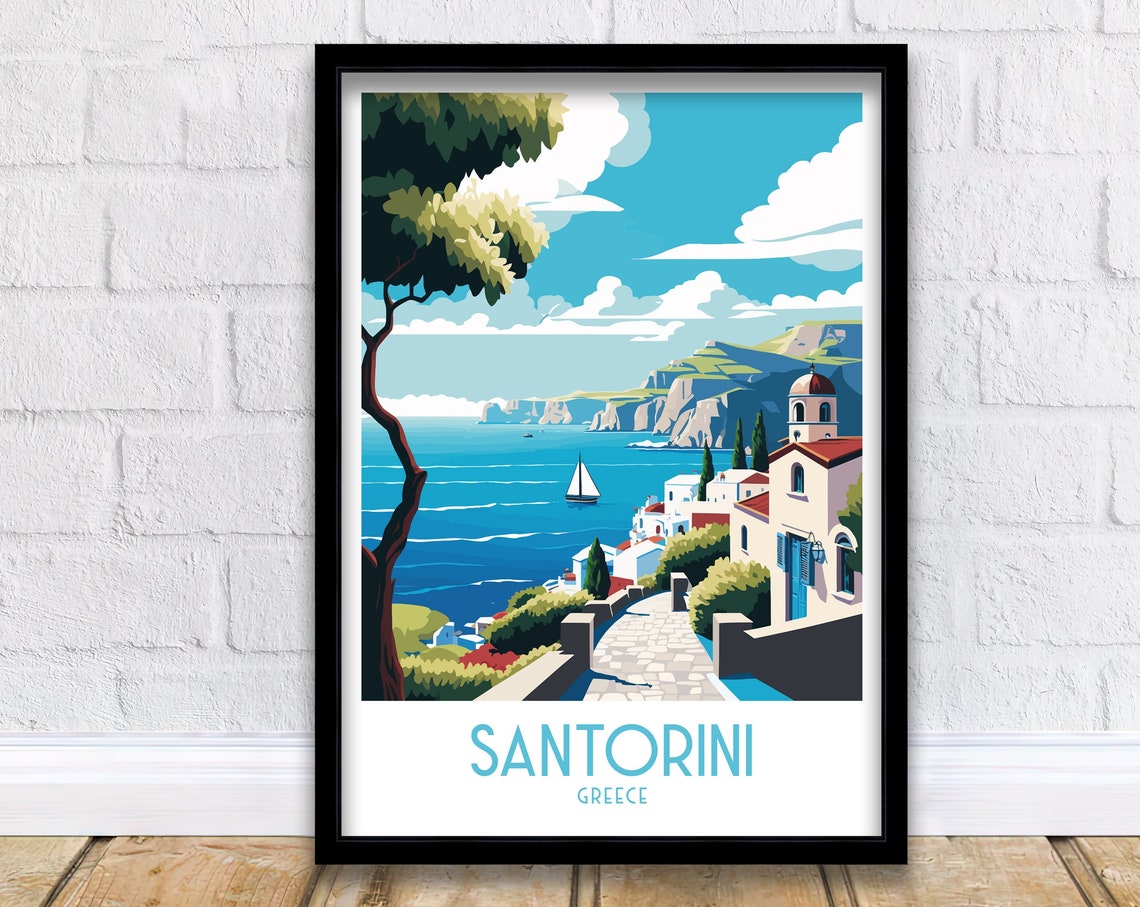 Santorini Greece Whitewashed Village Caldera Retro Travel Poster