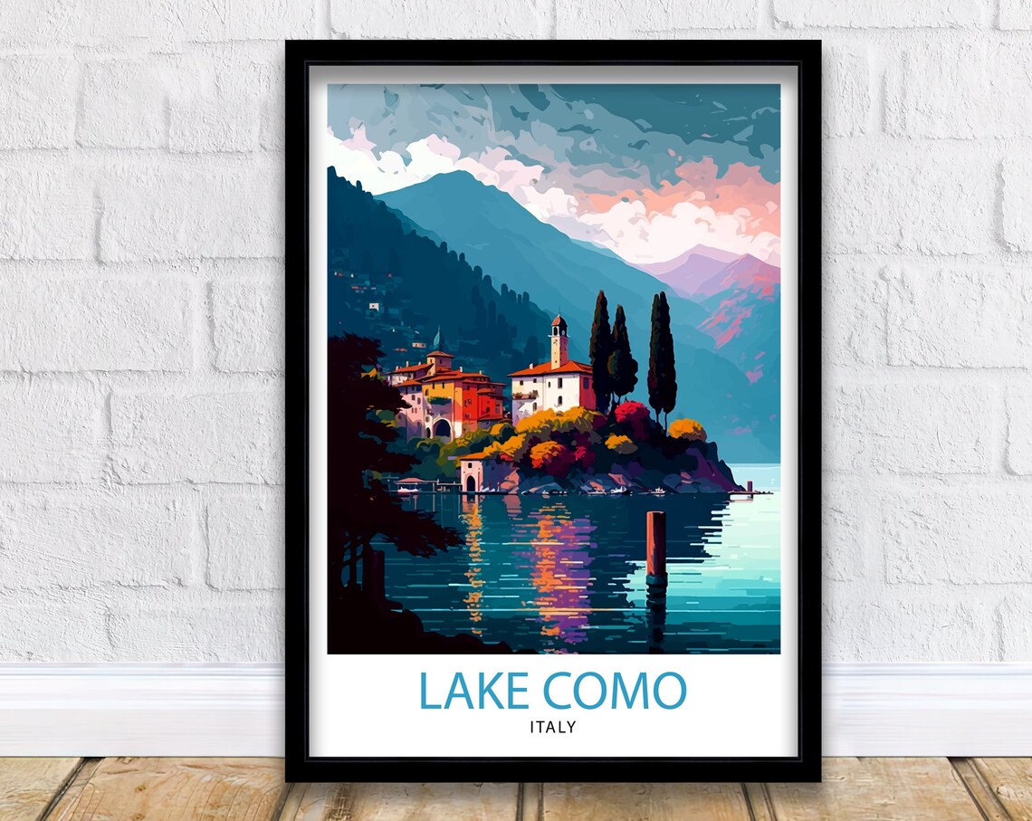 Lake Como Italy Lakeside Village Sunset Reflection Travel Poster