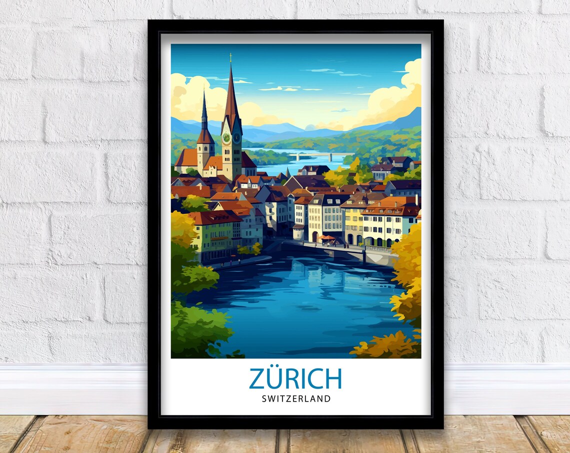 Zurich Switzerland Old Town River Church Spire Travel Poster