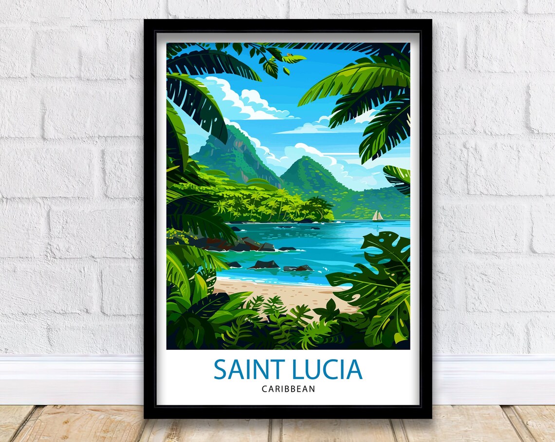 St Lucia Caribbean Travel Poster, Pitons View Art Print