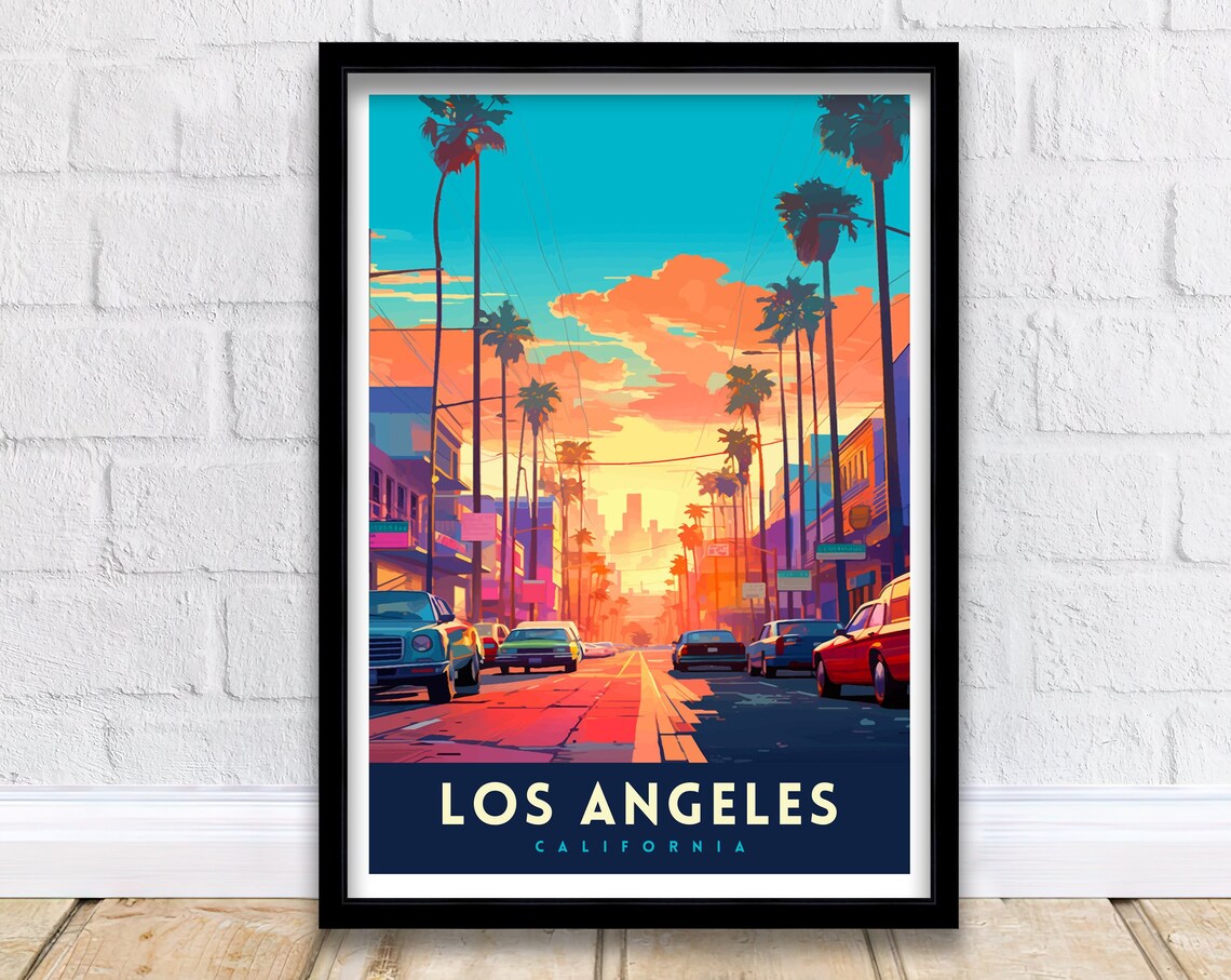 Los Angeles California Palm Boulevard Sunset Retro Street Scene Poster