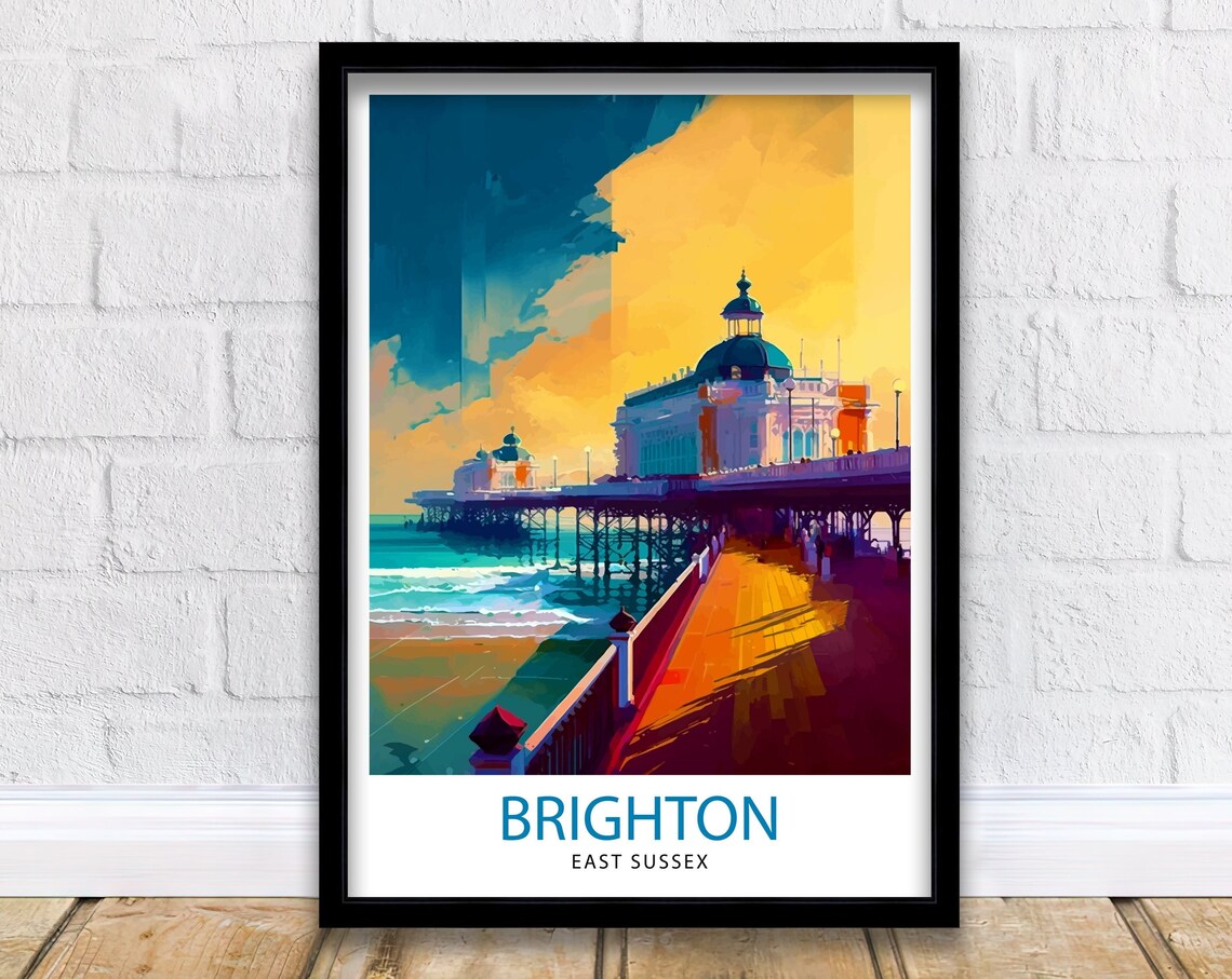 Brighton East Sussex Pier Golden Sunset Seaside Travel Poster