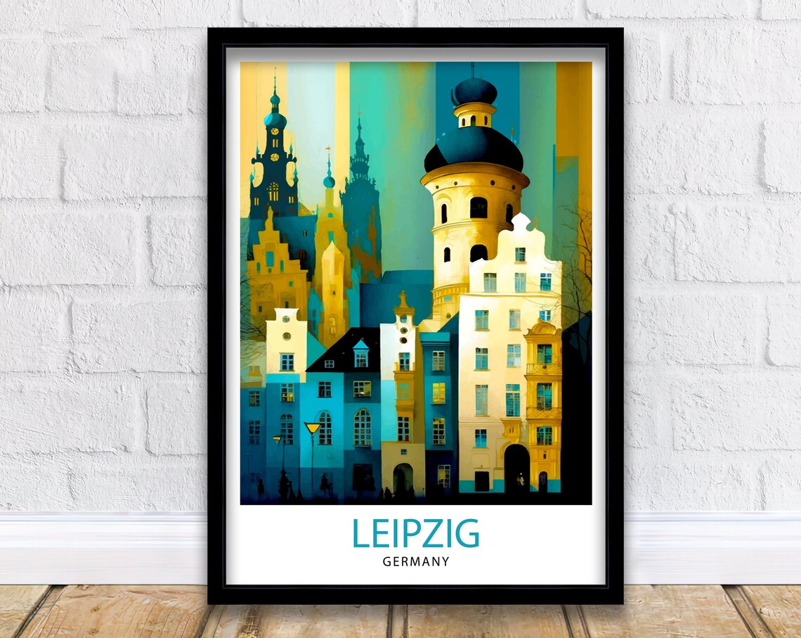 Leipzig Germany Historic Old Town Teal Cityscape Skyline Art Poster