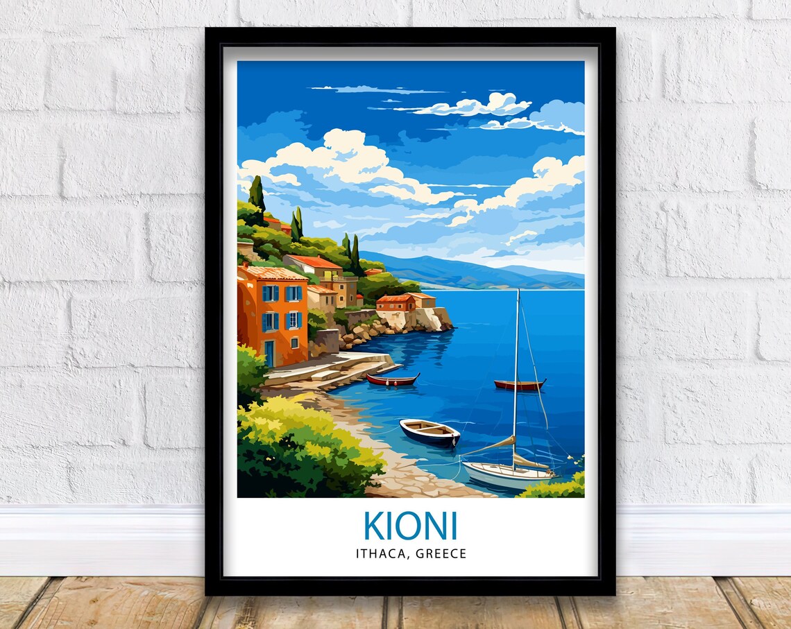 Kioni Ithaca Greece Village Harbor Boats Bright Ionian Cove Poster