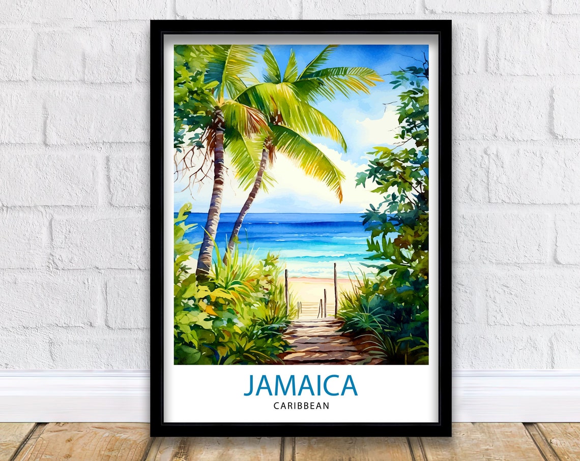 Jamaica Caribbean Palm Path to Beach Watercolor Travel Poster