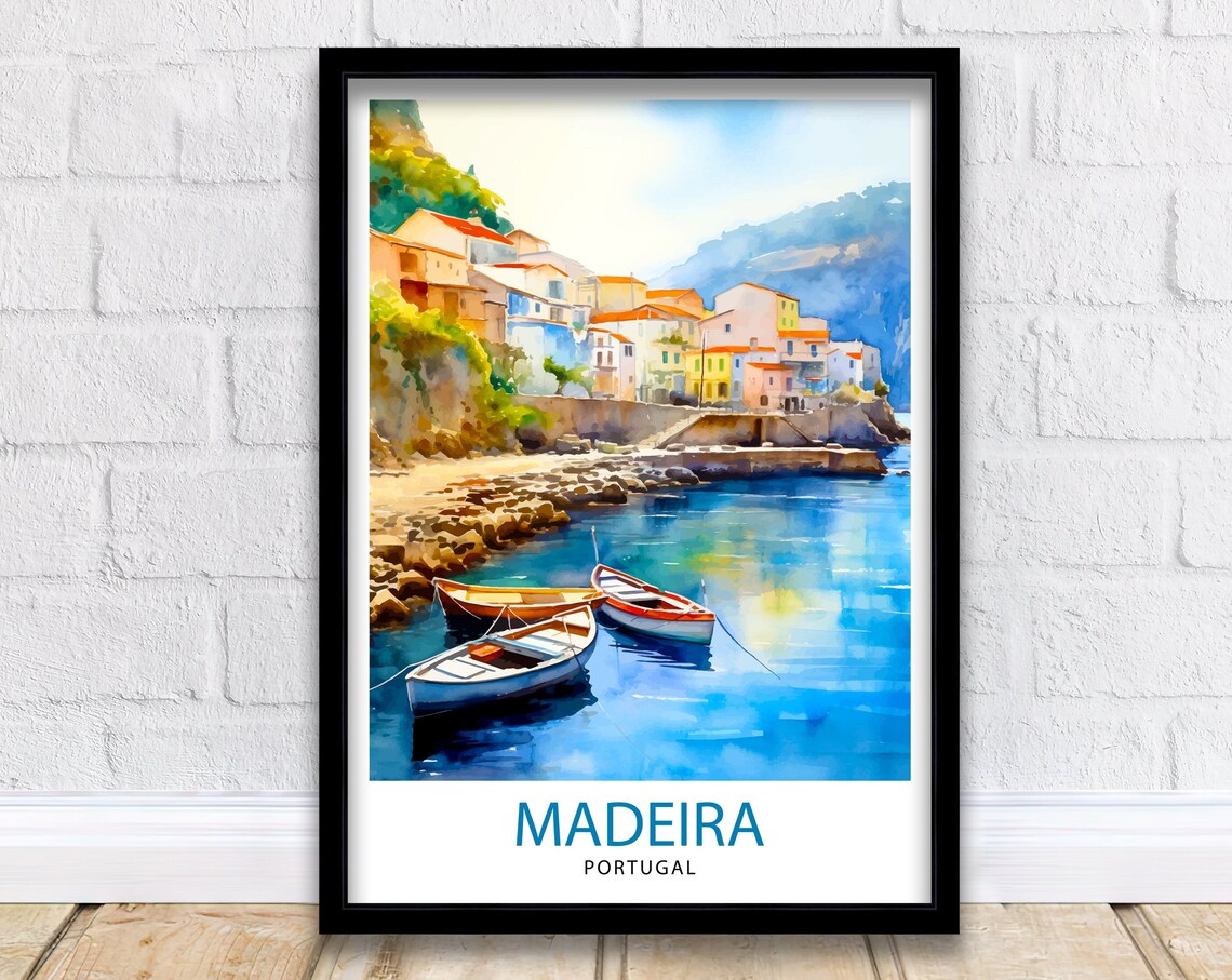 Madeira Portugal Fishing Boats Rocky Cove Watercolor Village Poster