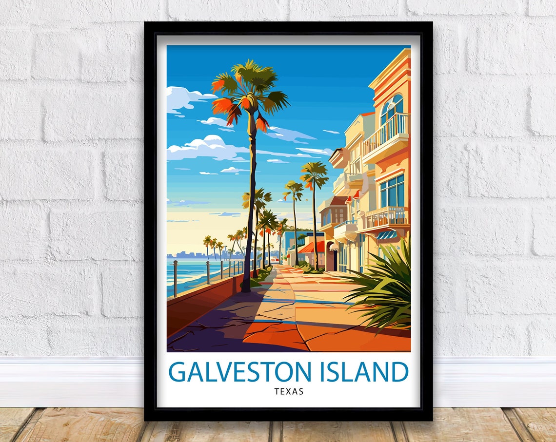 Galveston Island Texas Beachfront Promenade Palm Trees Poster