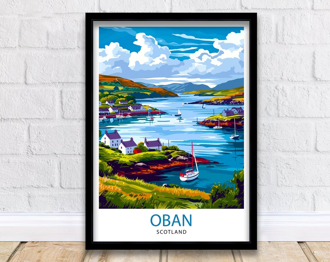 Oban Scotland Picturesque Harbour Bay Sailboats Cottages Art Poster
