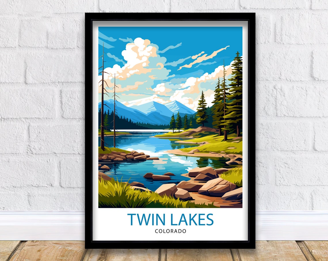 Twin Lakes Colorado Rocky Shore Pine Peaks Mountain Scene Poster