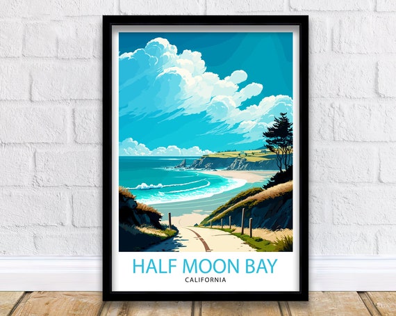 Half Moon Bay California Travel Poster, Coastal Illustration