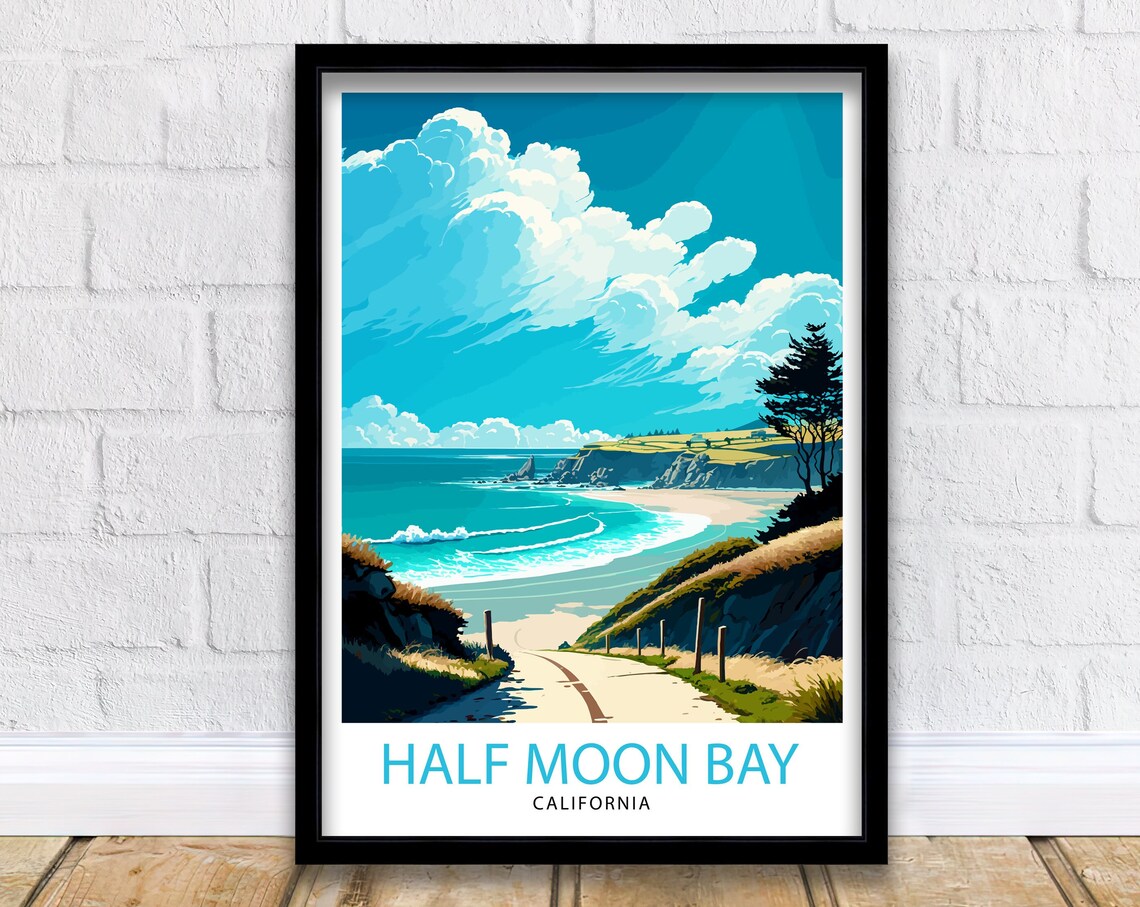 Half Moon Bay California Travel Poster, Coastal Illustration