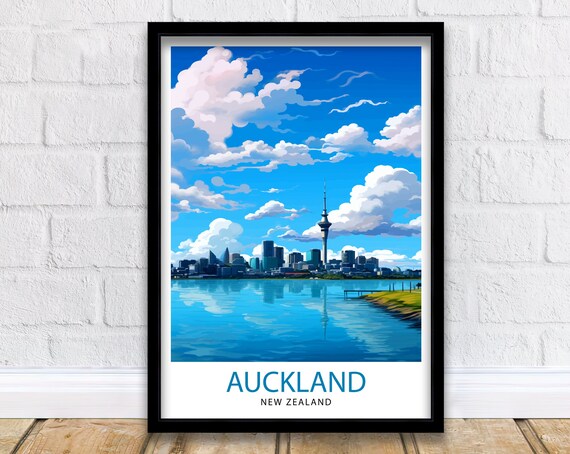 Auckland New Zealand Skyline Sky Tower Harbor Reflection City Poster