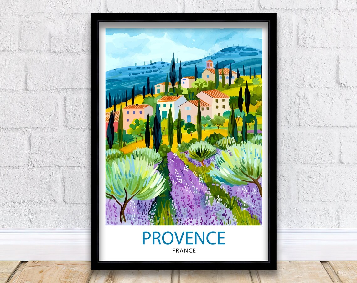 Provence France Travel Poster Lavender Fields Village Cypress Art