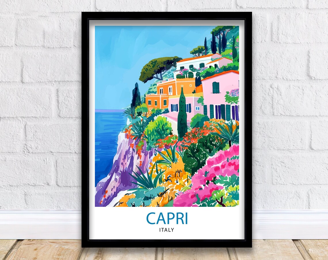 Capri Italy Cliffside Village Bougainvillea Coastal Travel Poster