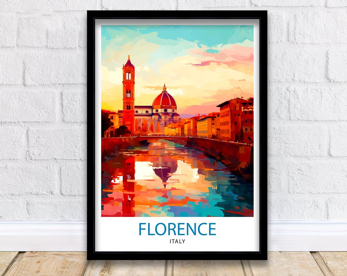 Florence Italy Duomo Sunset Over the Arno River City View Poster