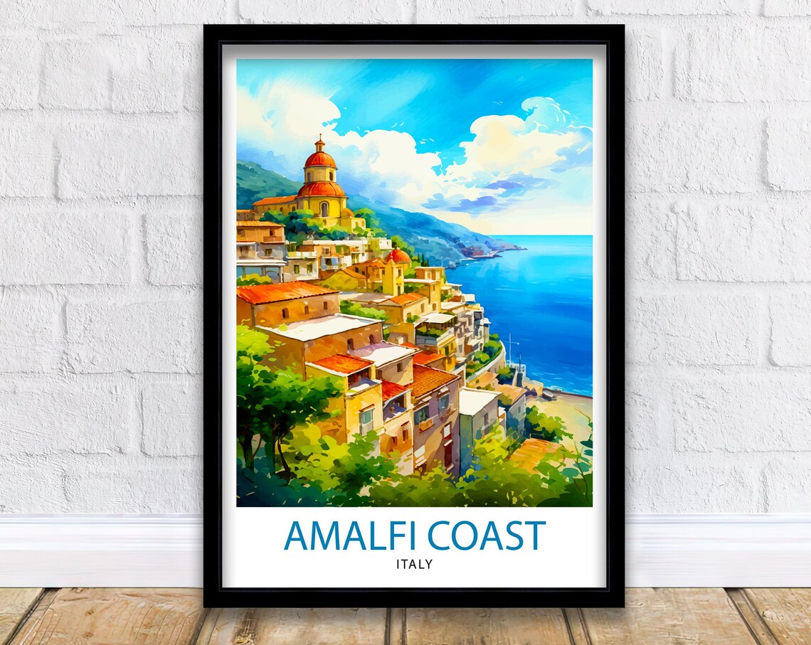 Amalfi Coast Italy Cliffside Village Church Domes Blue Sea Art Poster