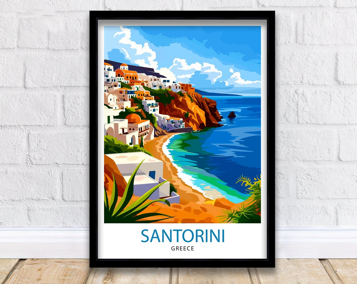 Santorini Greece Cliffside White Houses Beach Blue Sea Travel Poster