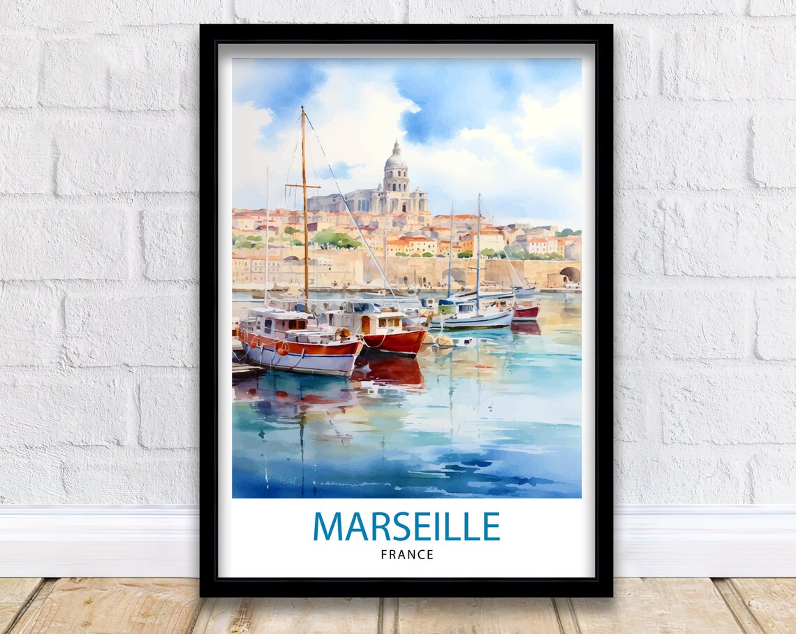 Marseille France Watercolor Old Port Harbor Sailing Boats Poster