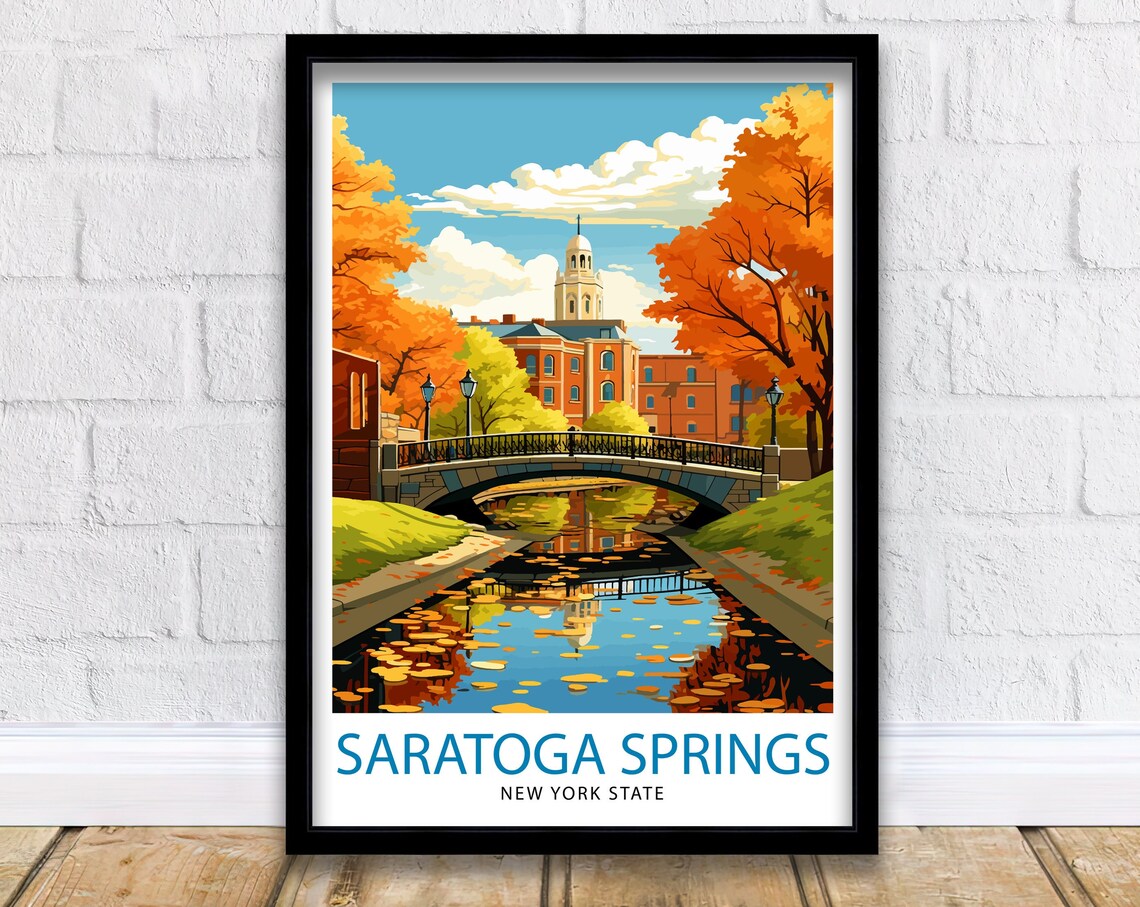 Saratoga Springs New York Autumn Bridge Canal Fall Travel Poster