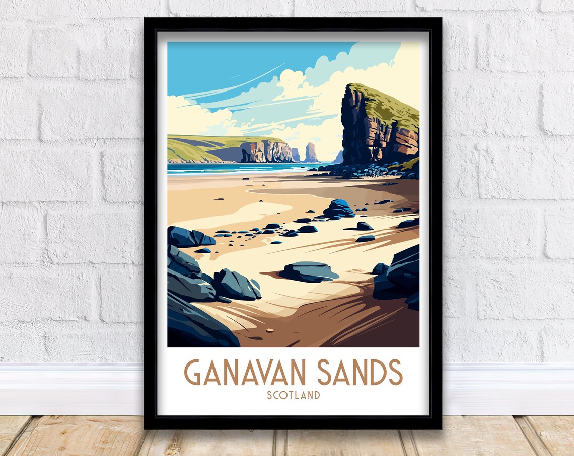 Ganavan Sands Scotland Rocky Beach Cliffs Retro Travel Poster