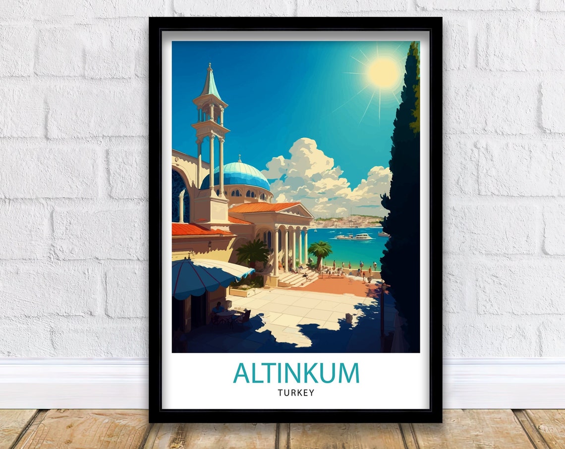 Altinkum Turkey Aegean Beach Mosque Dome Promenade Travel Poster