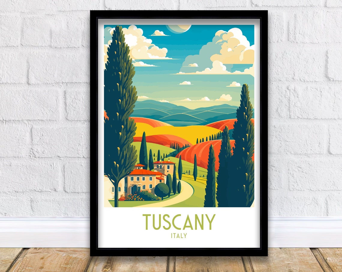 Tuscany Italy Rolling Hills Cypress Villa Vintage Travel Poster