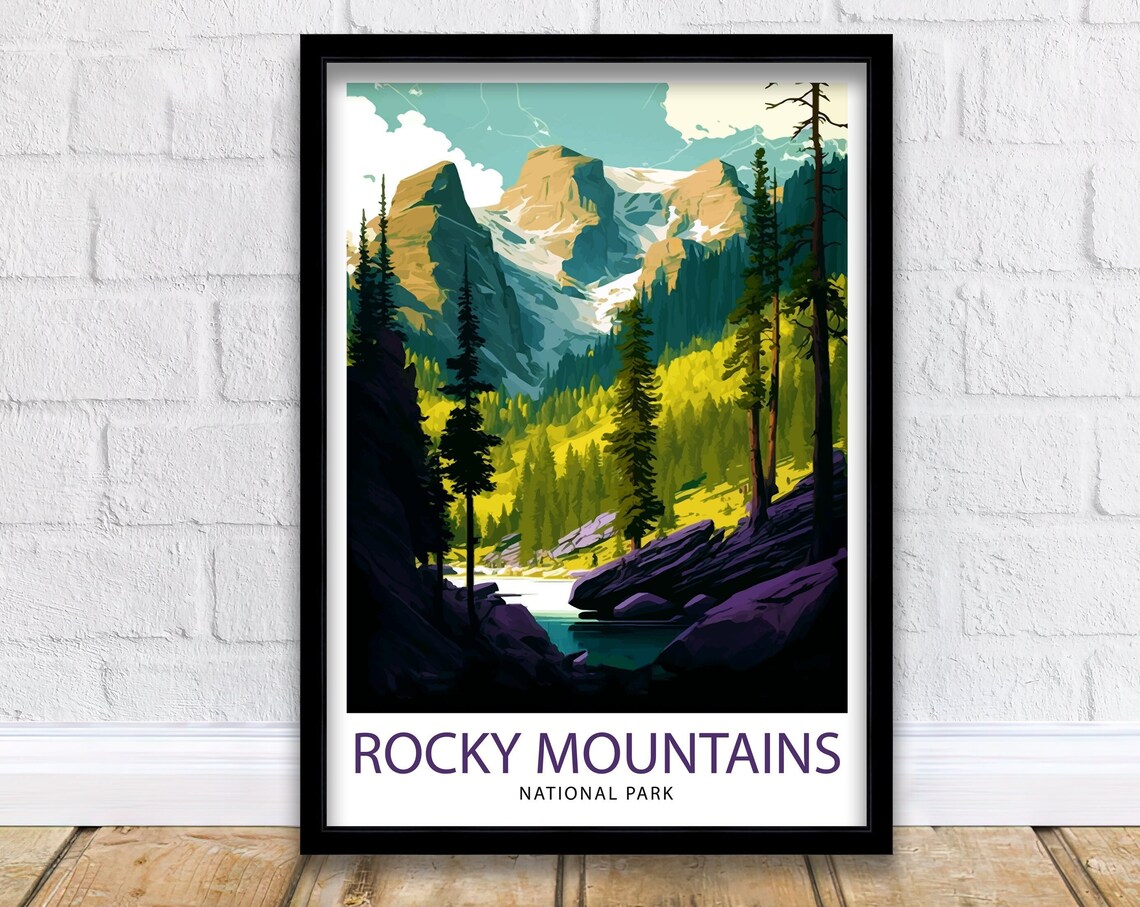 Rocky Mountains National Park Peaks Pines Lake Vintage Travel Poster