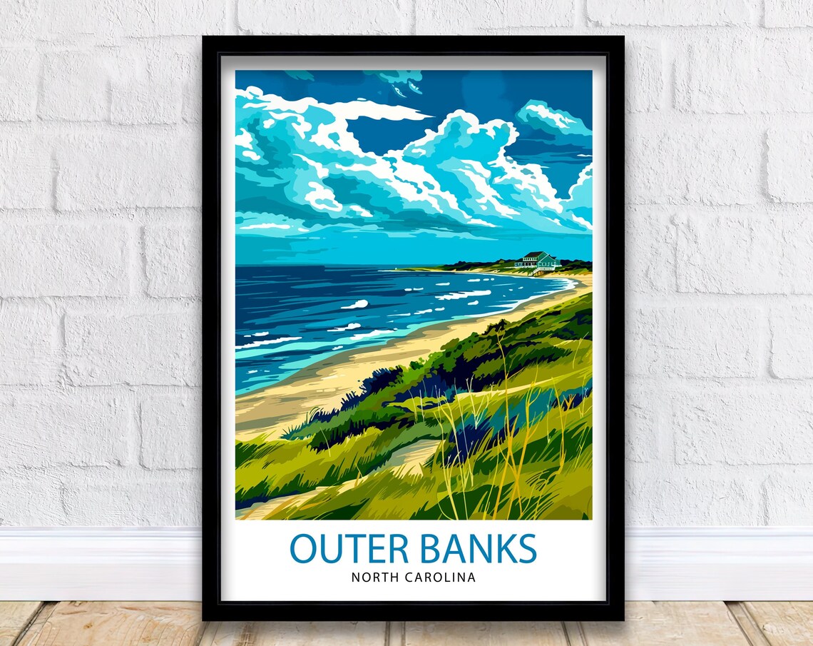 Outer Banks North Carolina Beach Dunes Grass Vintage Travel Poster