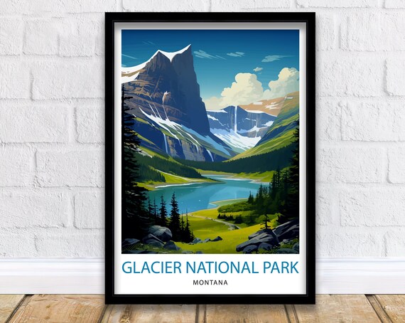 Glacier National Park Montana Alpine Lake Illustrated Travel Poster