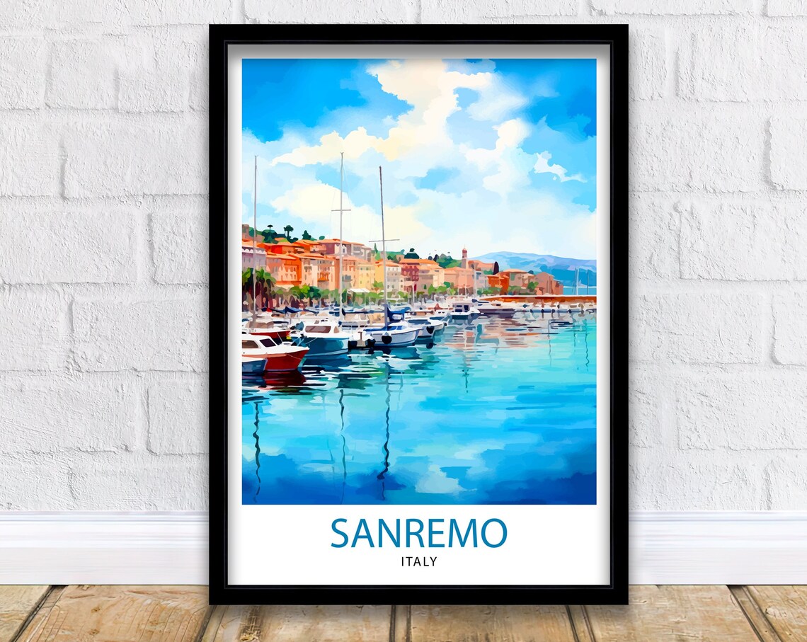 Sanremo Italy Marina Watercolor Sailboats Coastal Town Travel Print