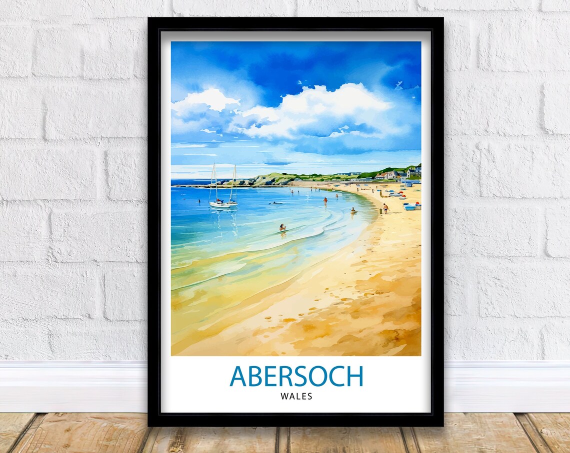 Abersoch Wales Sandy Beach Watercolor Sailboats Seaside Travel Poster