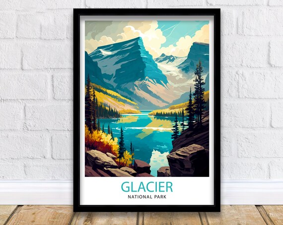Glacier National Park Montana Glacier Peaks Lake Vintage Travel Poster