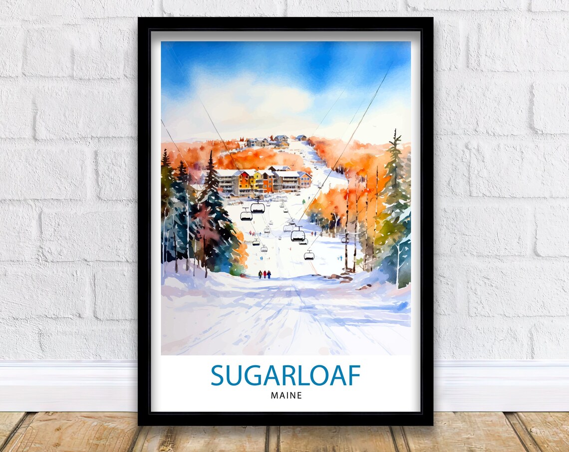 Sugarloaf Maine Ski Resort Travel Poster, Winter Landscape