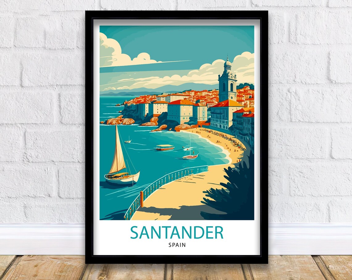 Santander Spain Bay Beach Sailboats Seaside Resort Travel Poster