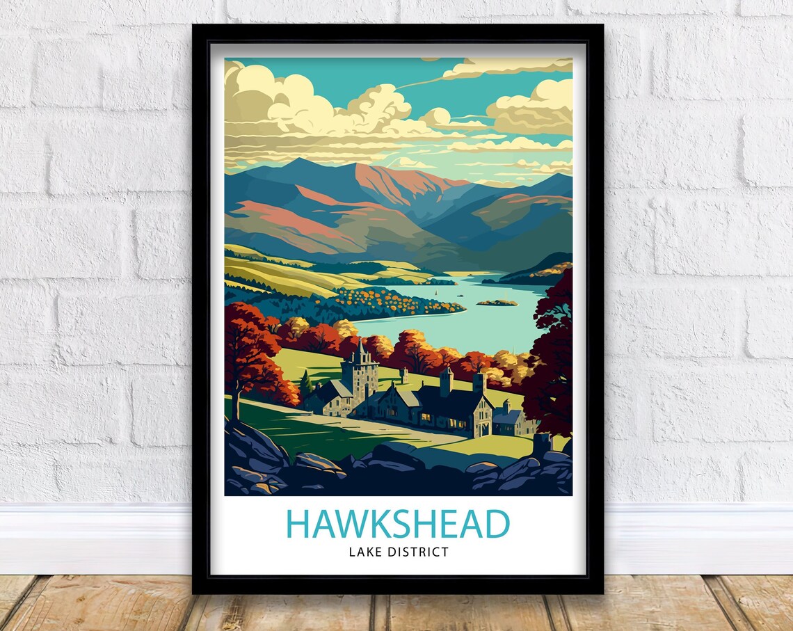Hawkshead Lake District Travel Poster, UK Illustration