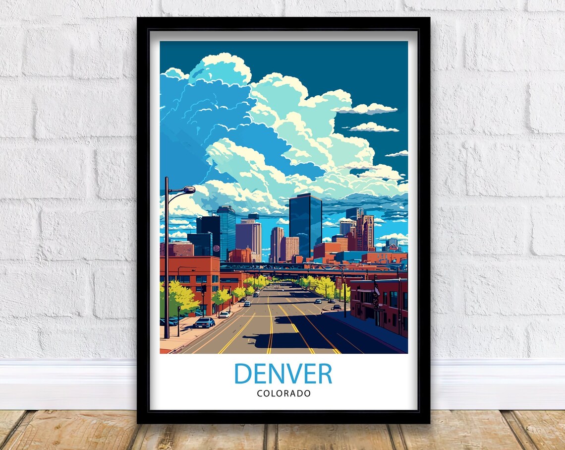 Denver Colorado Downtown Skyline City Street Big Clouds Travel Poster