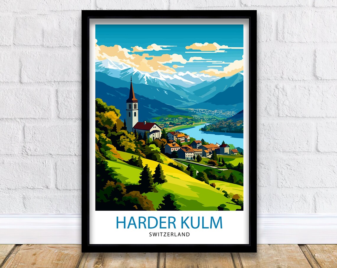 Harder Kulm Switzerland Alpine Lake Church View Travel Poster